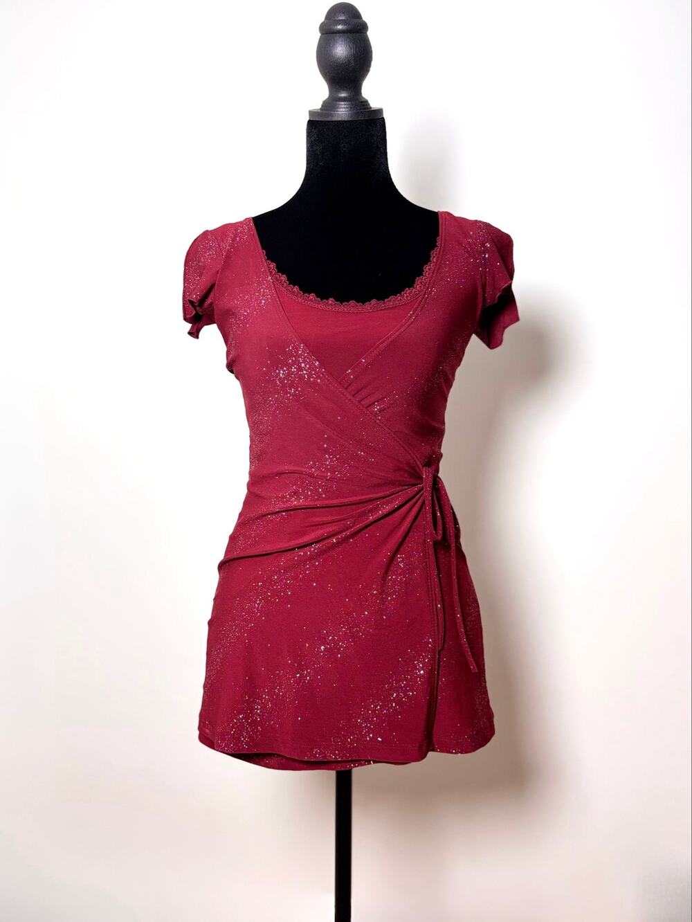 Vtg Y2K Vanity Burgundy Red Glitter Wrap Top Lace Cami Layer